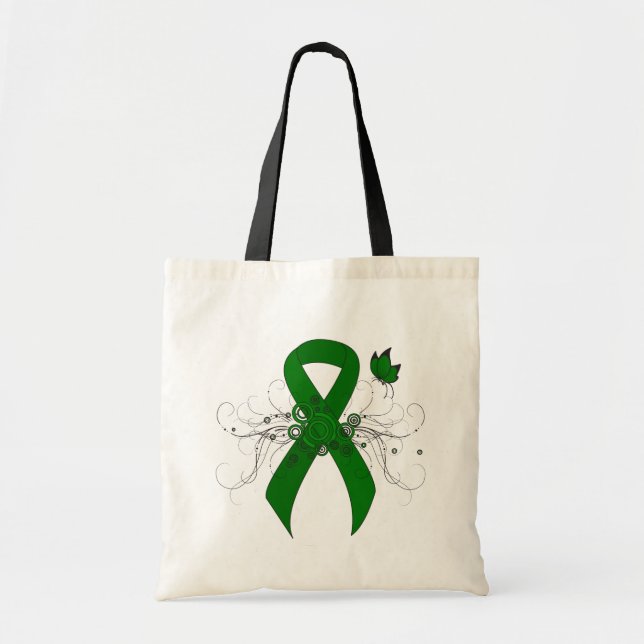 Green Awareness Ribbon with Butterfly Tote Bag (Front)