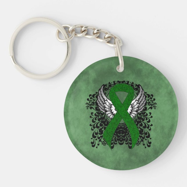 Green Awareness Ribbon with Wings Key Ring (Front)
