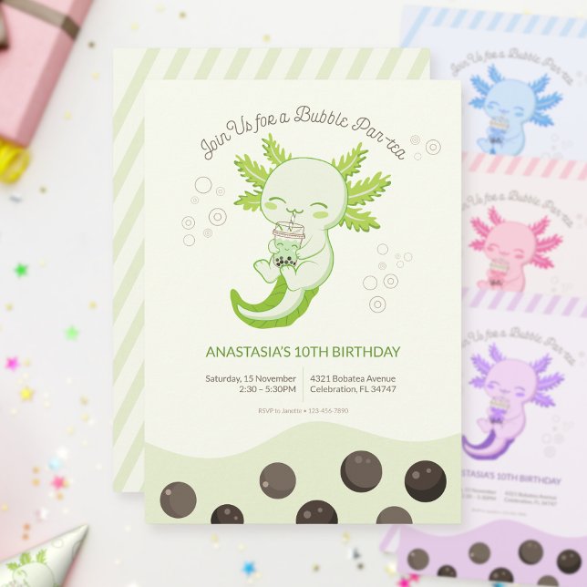 Green Axolotl Bubble Boba Tea Kids Birthday Invitation (Creator Uploaded)