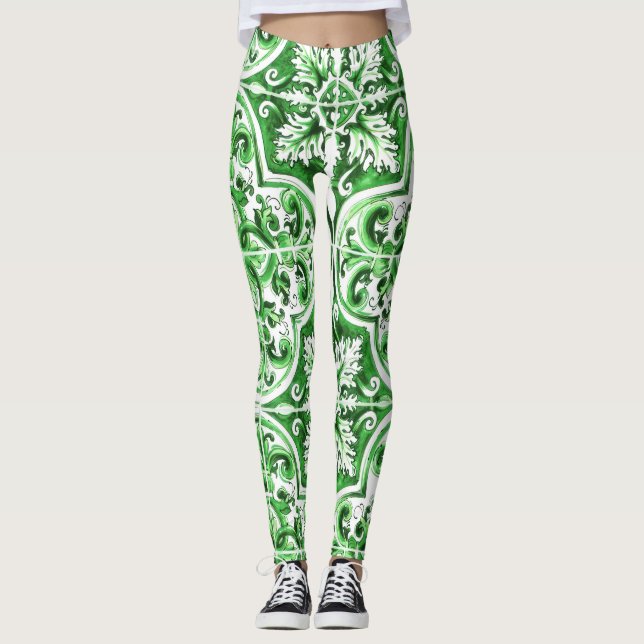 Green Azulejo Dolce Leggings Mediterranean Charm (Front)