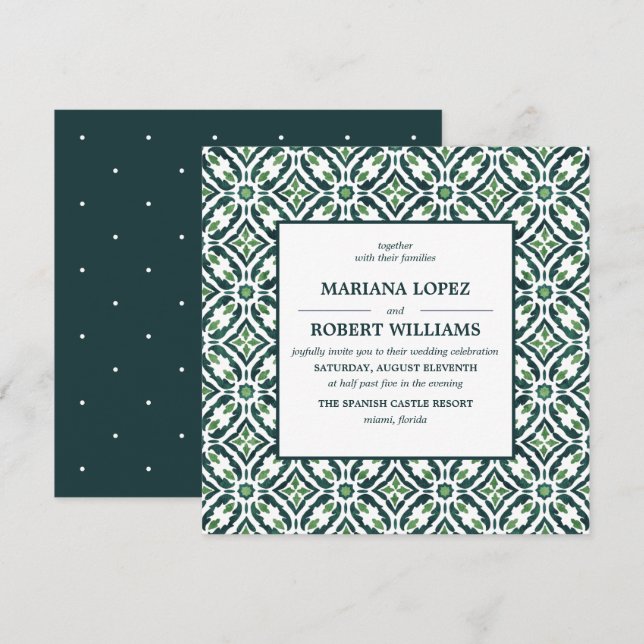 Green Azulejo | Spanish Tile Pattern Wedding Invitation (Front/Back)