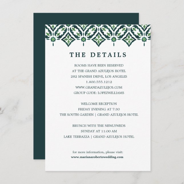 Green Azulejo | Spanish Tile wedding DETAILS Invitation (Front/Back)