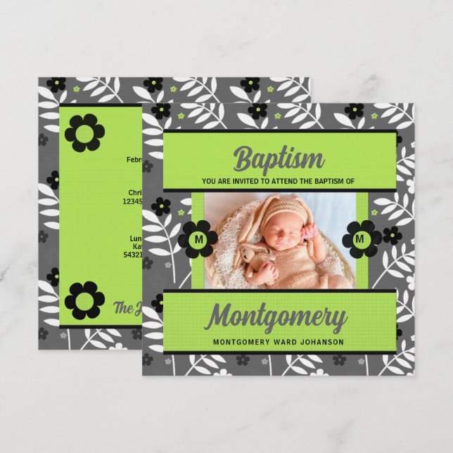 Green Baby Baptism with Monogram and Photo Invitation (Front/Back)
