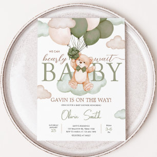 Green Baby Bear Balloon Baby Shower Invitation