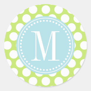 Green & Baby Blue Big Polka Dots Monogrammed Classic Round Sticker
