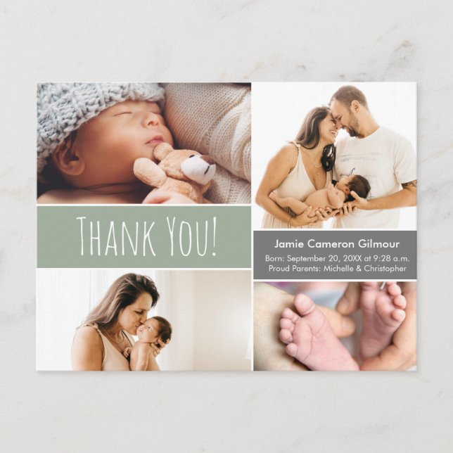 Green Baby boy Photo Collage baby shower thank you Postcard (Front)