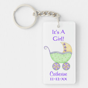 Green Baby Buggy Carriage Name Birth Date Key Ring