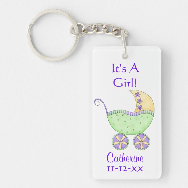 Green Baby Buggy Carriage Name Birth Date Key Ring (Front)