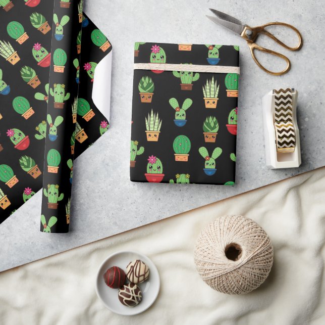 Green Baby Cactus on Black Background  Wrapping Paper (Crafts)