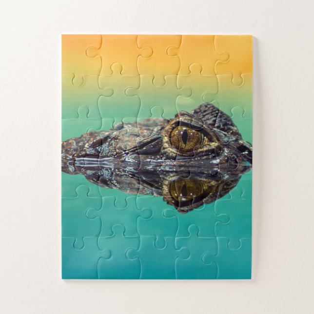 Green Baby Crocodile in Water with Blue and Orange Jigsaw Puzzle (Vertical)