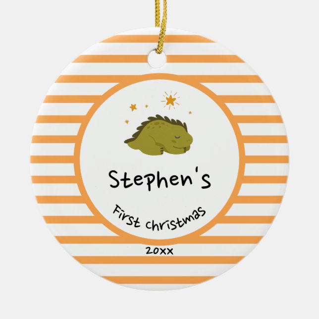 Green Baby Dino | First Christmas Orange Stripe Ceramic Tree Decoration (Front)