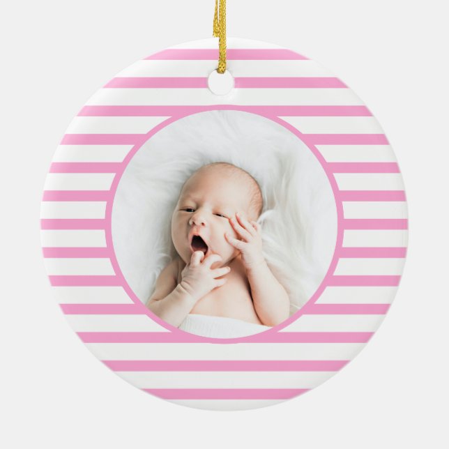 Green Baby Dino | First Christmas Pink Stripe Chic Ceramic Tree Decoration (Back)