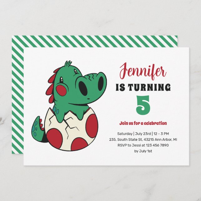 Green Baby Dino in Egg Cute Kids Dinosaur Birthday Invitation (Front/Back)