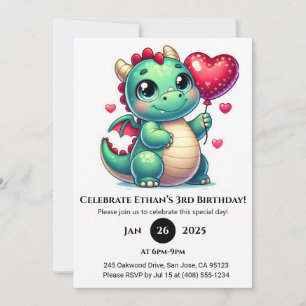 Green Baby Dragon with Heart Balloon Birthday Invitation