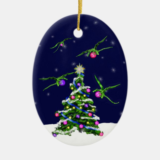 Green Baby Dragons Encircle a Christmas Tree Ceramic Tree Decoration (Front)