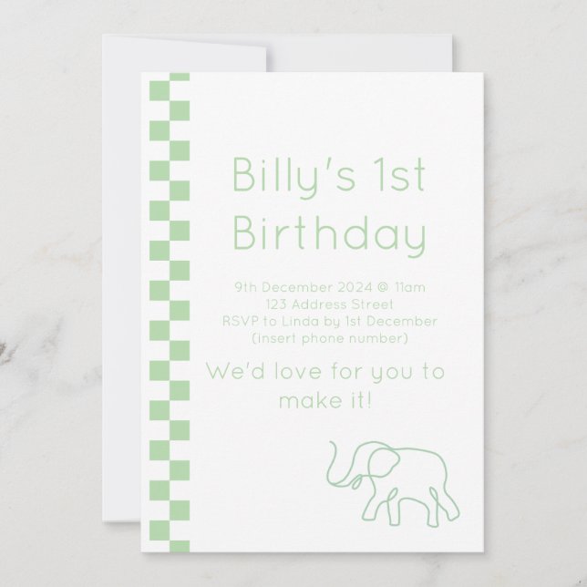 Green Baby Elephant Birthday Invitation (Front)
