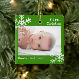 Green Baby First Christmas Photo Ceramic Ornament