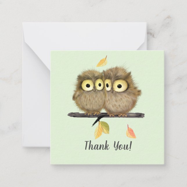 Green Baby Owls thank you note cards (Front)