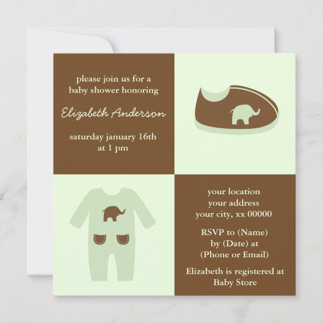 Green Baby Shoes and Outfit Baby Shower Invitation (Front)