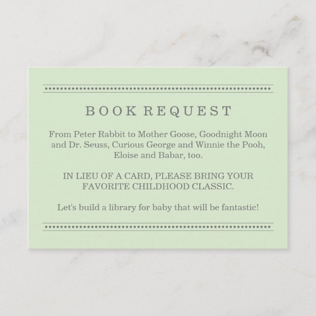 Green Baby Shower Book Request Enclosure Card (Front)