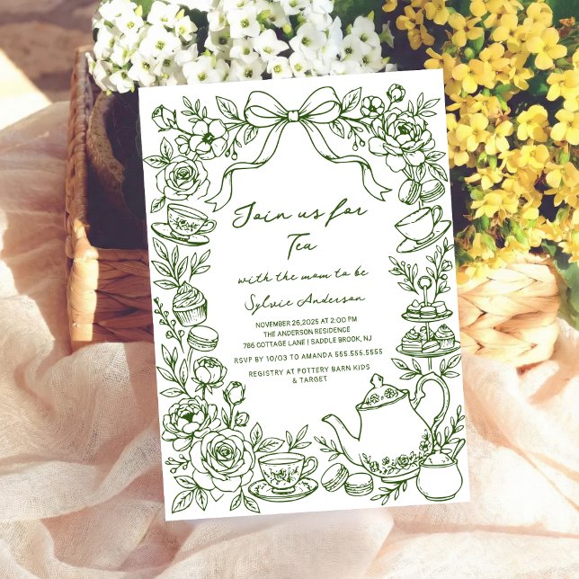 green baby shower tea bow hand drawn invitation (Creator Uploaded)