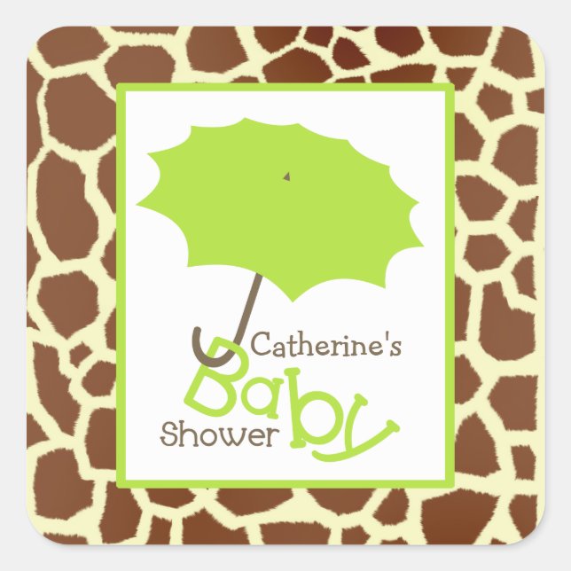 Green Baby Shower Umbrella & Giraffe Print Square Sticker (Front)
