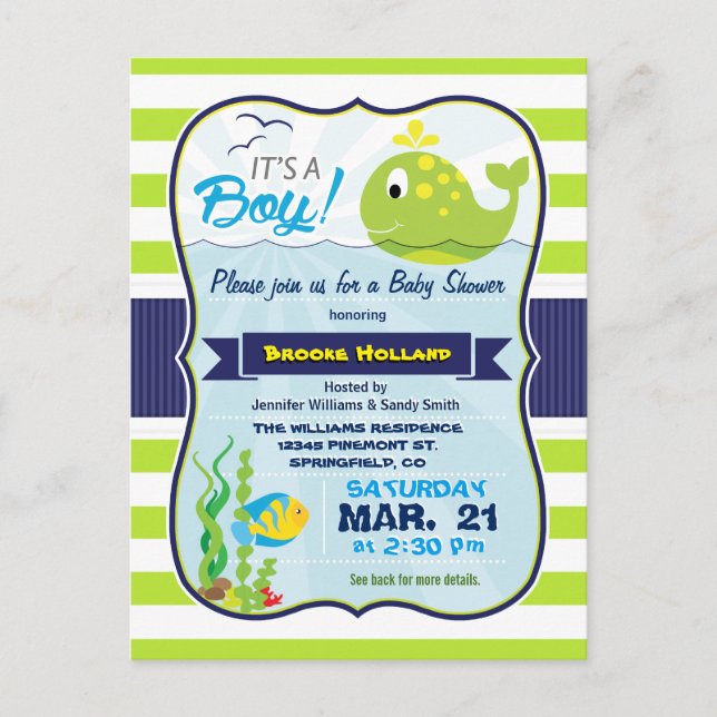 Green Baby Whale, Boy Baby Shower Invitation Postcard (Front)