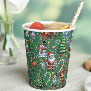Green Background Christmas Decorative Pattern Paper Cups