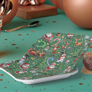 Green Background Christmas Decorative Pattern Paper Plate