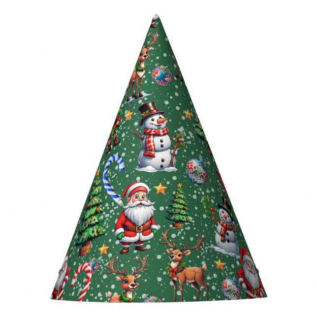 Green Background Christmas Decorative Pattern Party Hat (Front)
