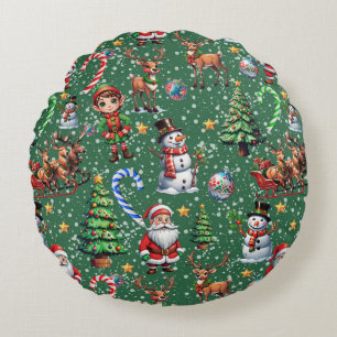 Green Background Christmas Decorative Pattern Round Cushion