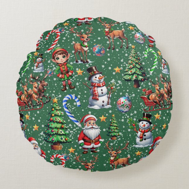Green Background Christmas Decorative Pattern Round Cushion (Front)
