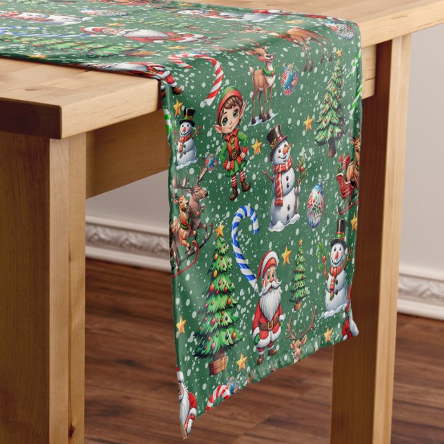 Green Background Christmas Decorative Pattern Short Table Runner (Creator Uploaded)