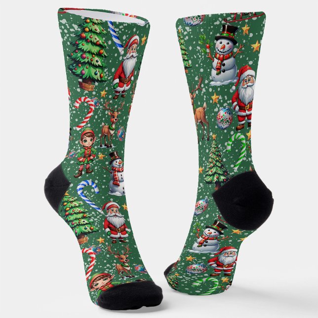 Green Background Christmas Decorative Pattern Socks (Creator Uploaded)