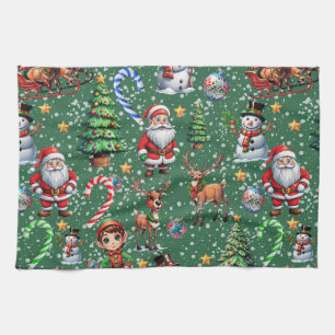 Green Background Christmas Decorative Pattern Tea Towel