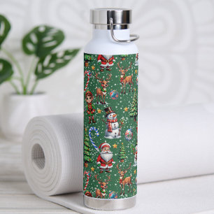 Green Background Christmas Decorative Pattern Water Bottle