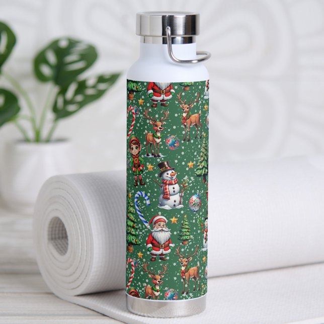 Green Background Christmas Decorative Pattern Water Bottle (Creator Uploaded)