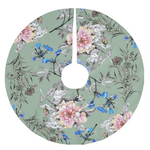 Green Background Floral Watercolor Pattern. Brushed Polyester Tree Skirt
