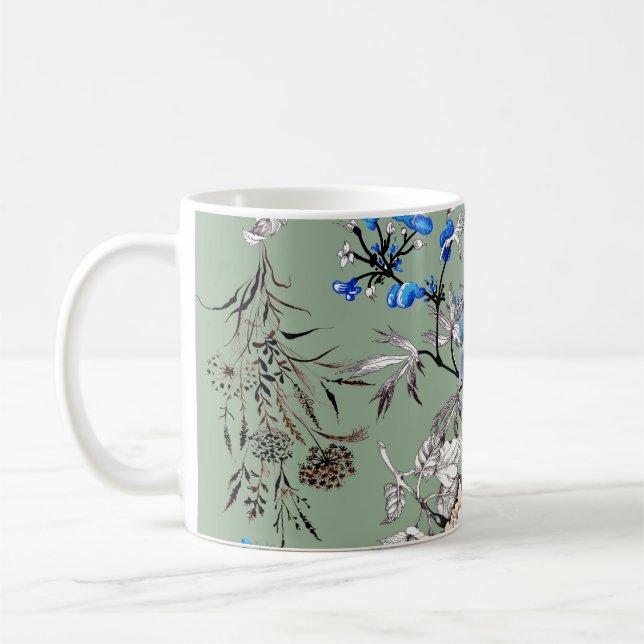 Green Background Floral Watercolor Pattern. Coffee Mug (Left)