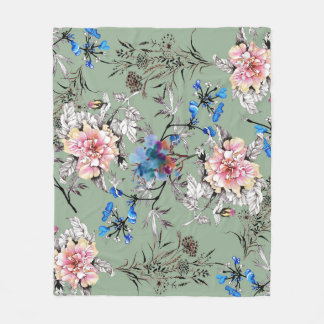 Green Background Floral Watercolor Pattern. Fleece Blanket