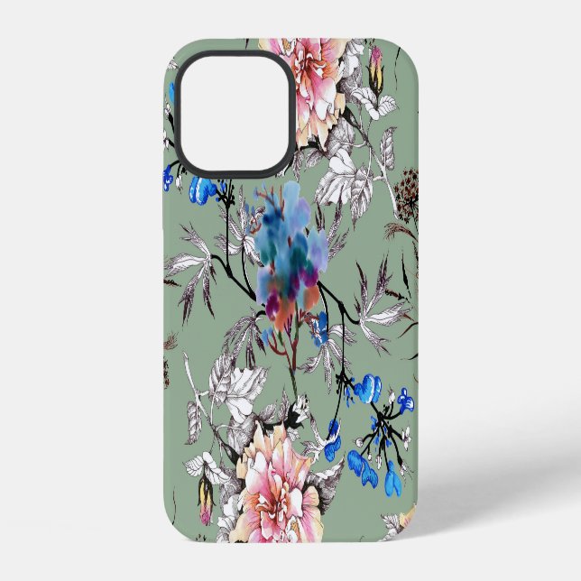 Green Background Floral Watercolor Pattern. iPhone Case (Back)