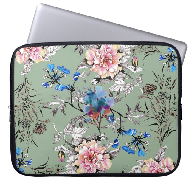 Green Background Floral Watercolor Pattern. Laptop Sleeve (Front)