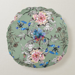 Green Background Floral Watercolor Pattern. Round Cushion