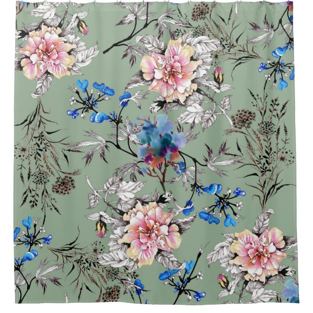 Green Background Floral Watercolor Pattern. Shower Curtain (Front)
