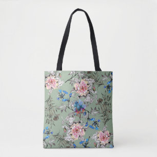 Green Background Floral Watercolor Pattern. Tote Bag