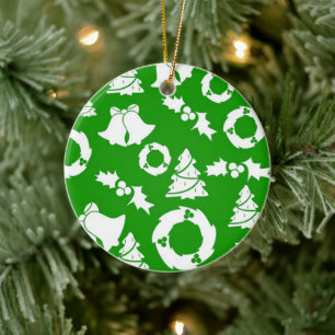 Green Background with Bells, Mistletoe and Tree Ceramic Tree Decoration