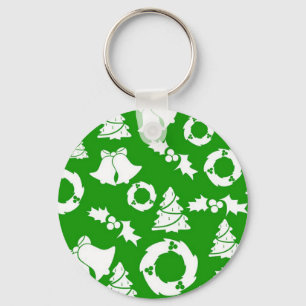 Green Background with Bells, Mistletoe and Tree Key Ring
