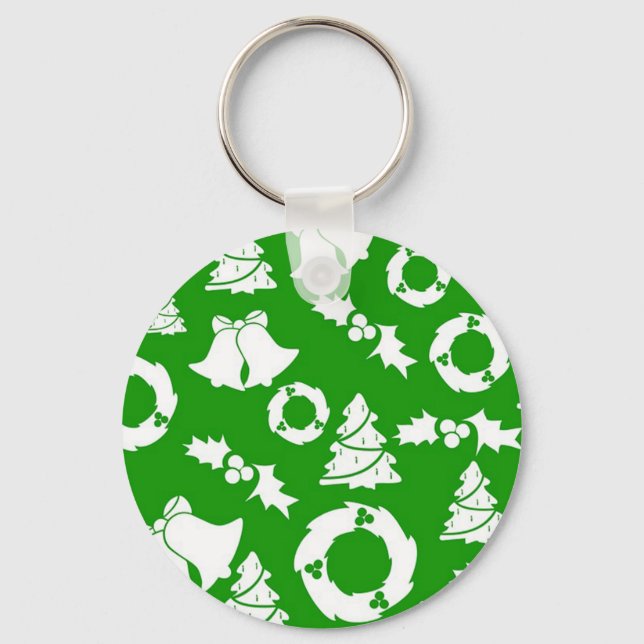 Green Background with Bells, Mistletoe and Tree Key Ring (Front)