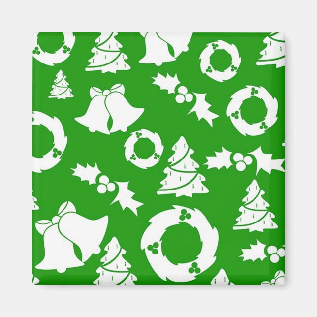 Green Background with Bells, Mistletoe and Tree Magnet (Front)