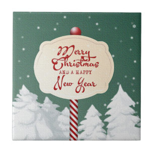 Green Background With Christmas Tree And Sign Tile